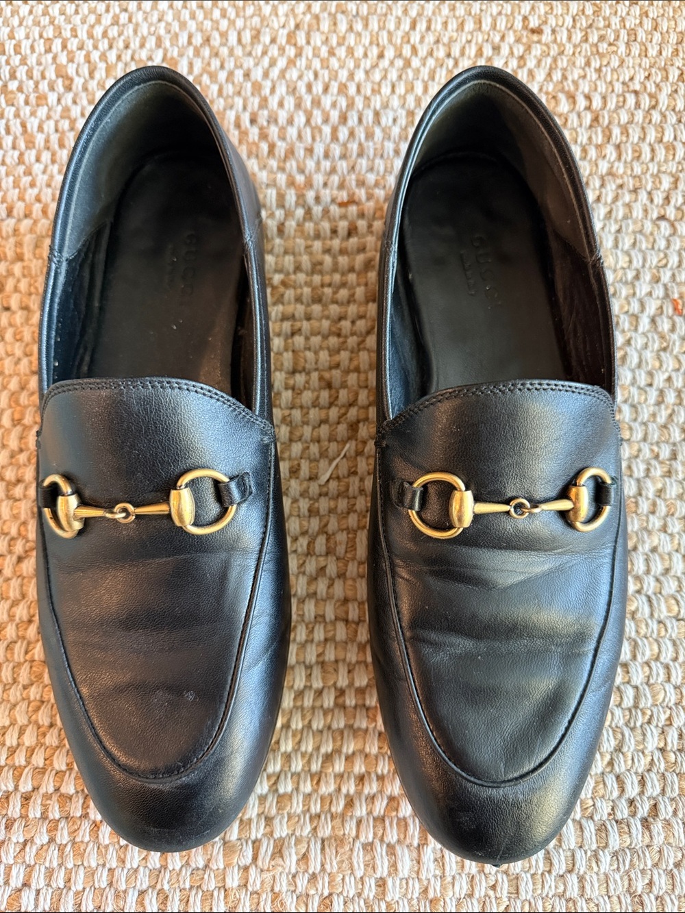 Gucci Black Leather Horsebit Slip-On Loafers with Gold Hardware Sz 36.5